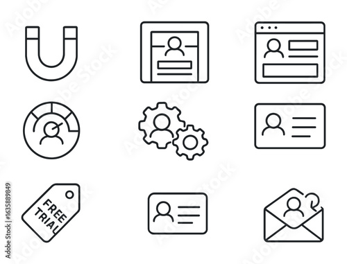 Lead Generation Icons. Outline vector icons of lead generation techniques: magnet icon, signup form, landing