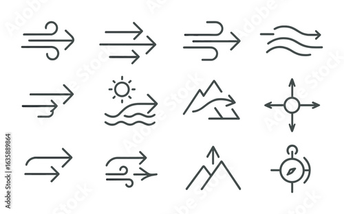 Wind Pattern Icons. Outline vector icons of types of wind patterns: trade winds, westerlies, polar easterlies,