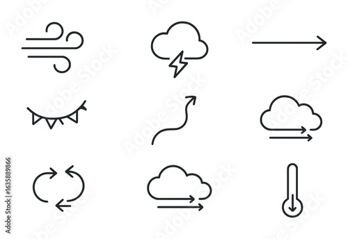 Weather Icons Grid. Outline vector icons of wind and weather changes: gust icon, frontal system, thunderstorm