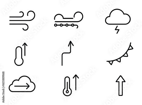 Weather Icons Grid. Outline vector icons of wind and weather changes: gust icon, frontal system, thunderstorm