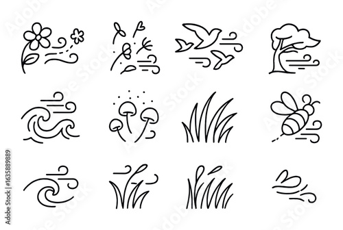 Ecosystem Wind Icons. Outline vector icons of wind in ecosystems: pollination trail, seed dispersal, migrating