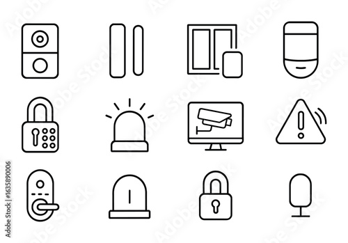 Smart Security Icons. Outline vector icons of smart security systems: video doorbell, entry sensor, window