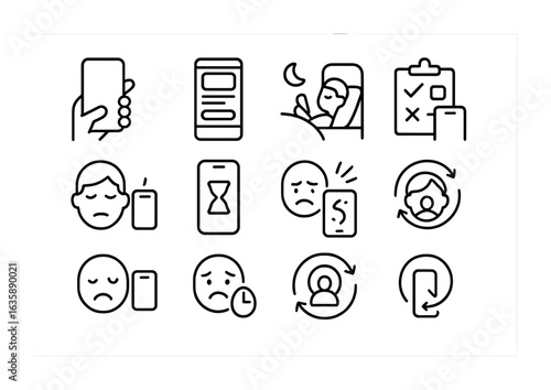 Social Media Addiction Icons. Outline vector icons of social media addiction signs: phone in hand, endless