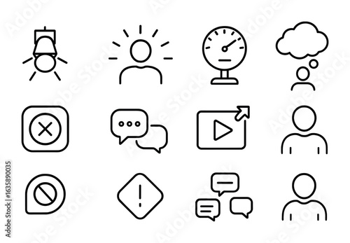 Viral Fame Icons. Outline vector icons of psychological effects of going viral: spotlight icon, sudden fame,