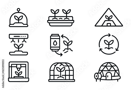 Space Agriculture Icons. Outline vector icons of space agriculture and sustainability: plant pod, hydroponic