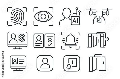 Border Control Icons. Outline vector icons of border control technology: fingerprint scanner, iris scan, AI