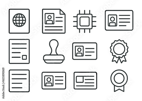 Travel Document Icons. Outline vector icons of international travel documents: passport book, visa sticker,