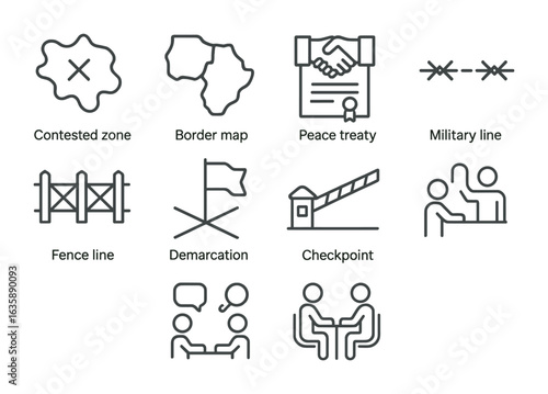 Geopolitical Icons Grid. Outline vector icons of geopolitical borders and disputes: contested zone, border map