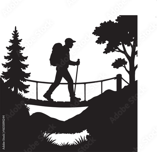 A silhouette of hiker crossing bridge, journey in nature, black shape