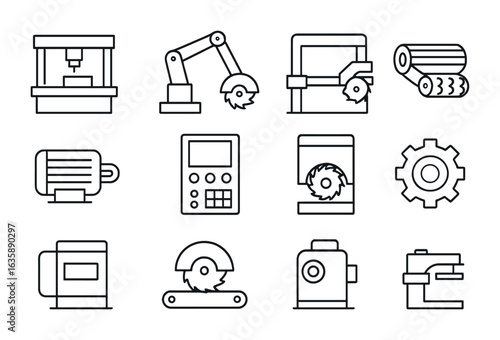 Industrial Cutting Icons. Outline vector icons of industrial cutting machines: CNC saw, hydraulic arm, panel