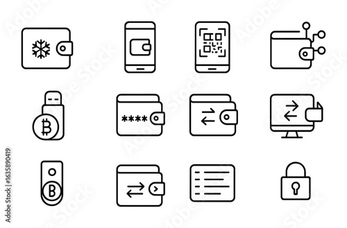 Cryptocurrency Wallet Icons. Outline vector icons of cryptocurrency wallets: cold wallet, mobile wallet, QR