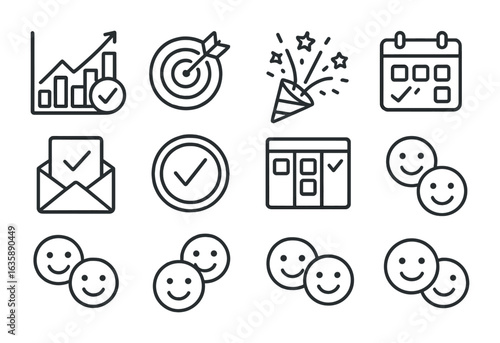 Project Success Icons. Outline vector icons of project success celebration: project chart with checkmark,