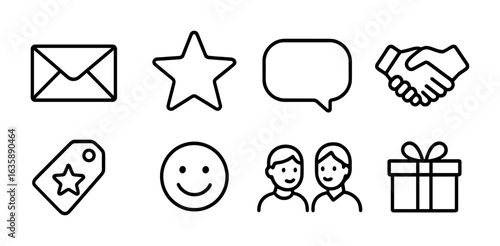 Peer-to-Peer Praise Icons. Outline vector icons of peer-to-peer praise: thank-you message, praise star,
