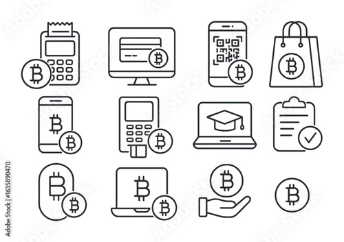 Crypto Icon Revolution. Outline vector icons of crypto adoption trends: point-of-sale crypto, online payment,