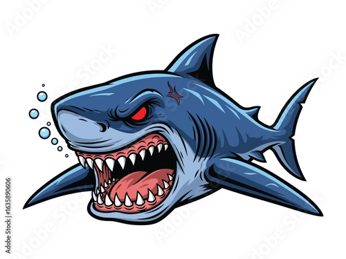 Enraged Shark: A menacing shark illustration with sharp teeth, a furious expression, and bubbles, representing danger, aggression, and marine life. 