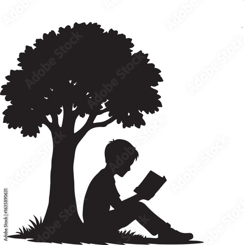 A silhouette of student reading book under tree, learning moment, black vector