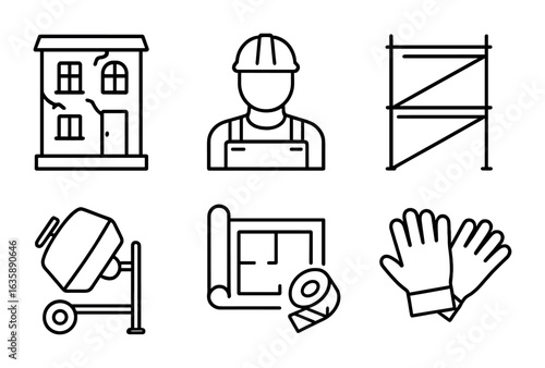 Urban Renovation Icons. Outline vector icons of urban renovation projects: old facade, construction worker,