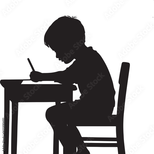 A silhouette of child writing on desk, focused study, black shape