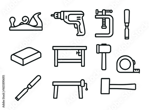 Woodworking Tool Icons. Outline vector icons of woodworking tools: hand plane, electric drill, wood clamp,