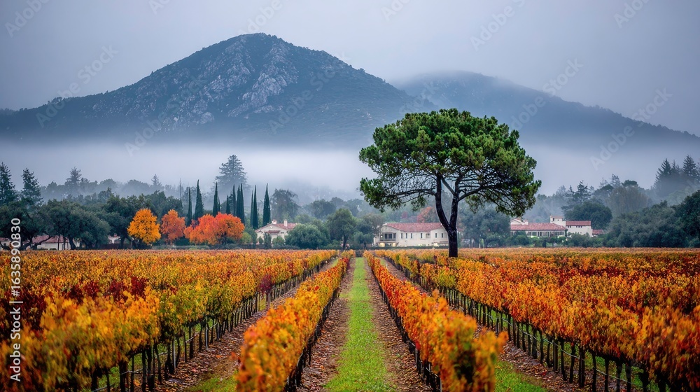 Fototapeta premium Autumn vineyard landscape with fog-shrouded mountain