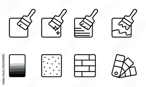 Paint Finish Icons. Outline icon set of modern paint finishes: matte coat, glossy layer, metallic paint, chalk