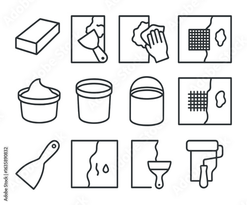 Wall Prep Tools Icons. Outline icon set of wall preparation before painting: sanding block, filler knife,
