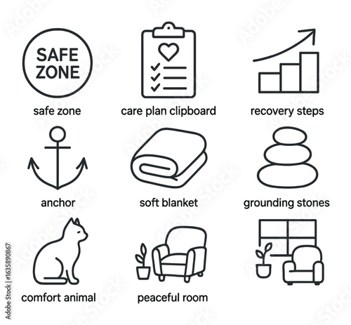 Trauma Support Icons. Outline icon set of trauma support tools: safe zone icon, care plan clipboard, recovery