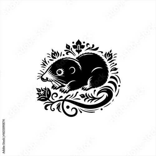 Stylized black silhouette of a mole surrounded by floral ornaments