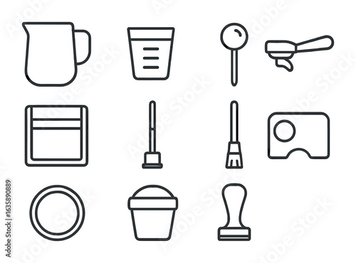 Barista Tools Icons. Outline icon set of barista tools: milk pitcher, shot glass, thermometer, group head,