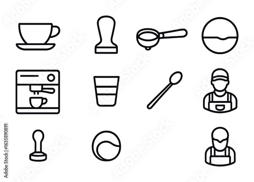 Espresso Icon Set. Outline icon set of espresso culture: espresso cup, tamper tool, portafilter, crema icon,