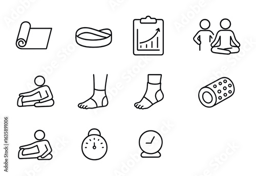 Flexibility Training Icons. Outline icon set of flexibility training support: yoga mat, stretching band,