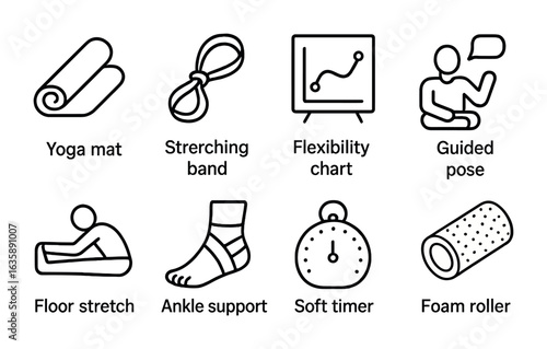 Flexibility Training Icons. Outline icon set of flexibility training support: yoga mat, stretching band,