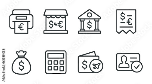 Currency Services Icons. Outline icon set of foreign currency services: currency counter, exchange booth, bank