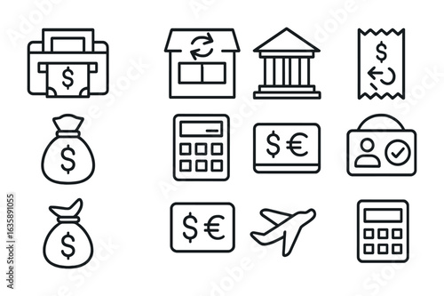 Currency Services Icons. Outline icon set of foreign currency services: currency counter, exchange booth, bank