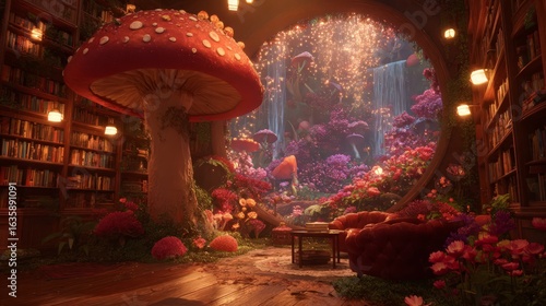 Wallpaper Mural Magical Fantasy Library Room With Glowing Mushroom And Waterfall Torontodigital.ca
