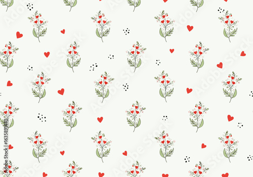 Delicate white flowers and red hearts scattered on a light green background seamless pattern