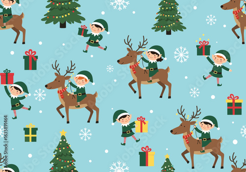 Cute christmas elves riding reindeer delivering presents among snowflakes and trees