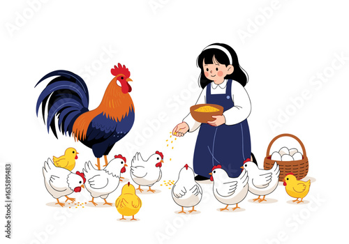 Farm girl feeding a rooster chickens and chicks with eggs in basket