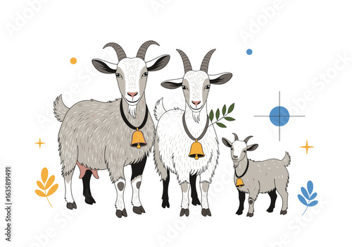 Three goats with bells around their necks standing together in a field
