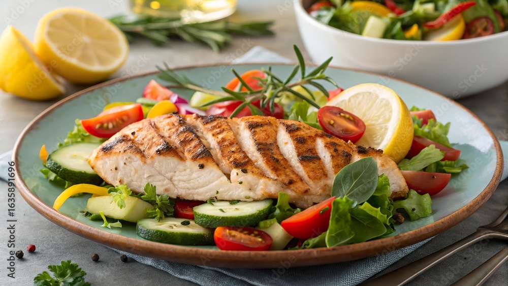 Grilled chicken breast fillet served with a vibrant medley of fresh vegetables, perfect for a healthy dinner option Grilled chicken breast fillet served with a vibrant medley of fresh vegetables, perfect for a healthy dinner option