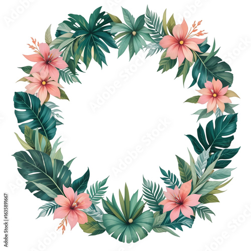 Tropical Floral Wreath with Pink Hibiscus and Green Leaves on Transparent Background for Design Projects