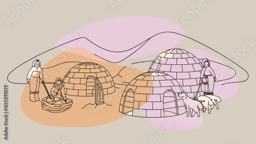 Illustration of Inuit women and their families engaging in daily activities near igloos in a serene, mountainous landscape.