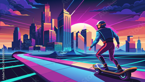 A male skater, in a futuristic cityscape, rides a hoverboard against a vibrant sunset backdrop filled with neon colors.