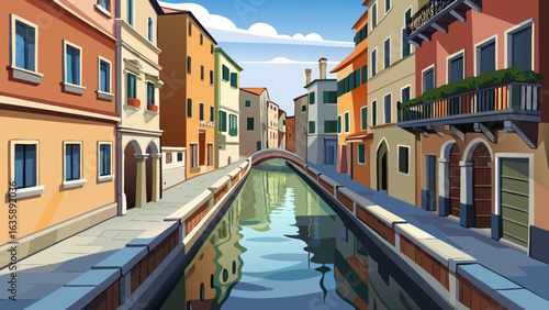Charming canal scene in a vibrant, colorful city, reflecting warm hues and serene waters.