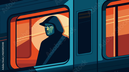 A pensive man in a hooded jacket rides the subway, lost in thought as the sun sets beyond the windows.