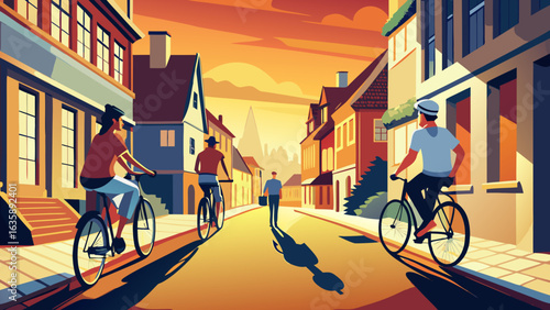 Four cyclists enjoy a sunset ride down a charming street, with warm colors enhancing the tranquil evening atmosphere.