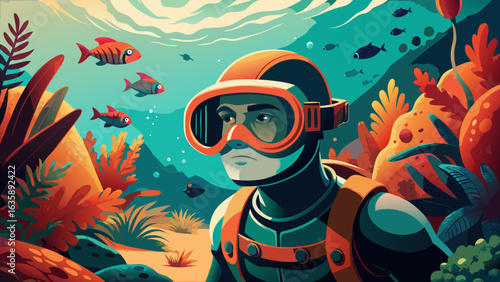 A male diver in an underwater scene, surrounded by colorful fish and vibrant coral reefs, showcasing the beauty of marine life.