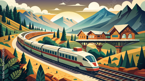 A sleek train travels through a vibrant mountainous landscape at sunset, showcasing natural beauty and modern transportation.