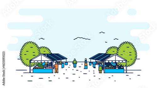 Illustration of a vibrant outdoor market with booths displaying fresh produce and shoppers browsing.