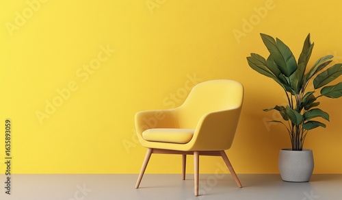Minimalist home decor concept featuring a vibrant yellow armchair and potted plant against an empty wall, creating a modern and serene interior design